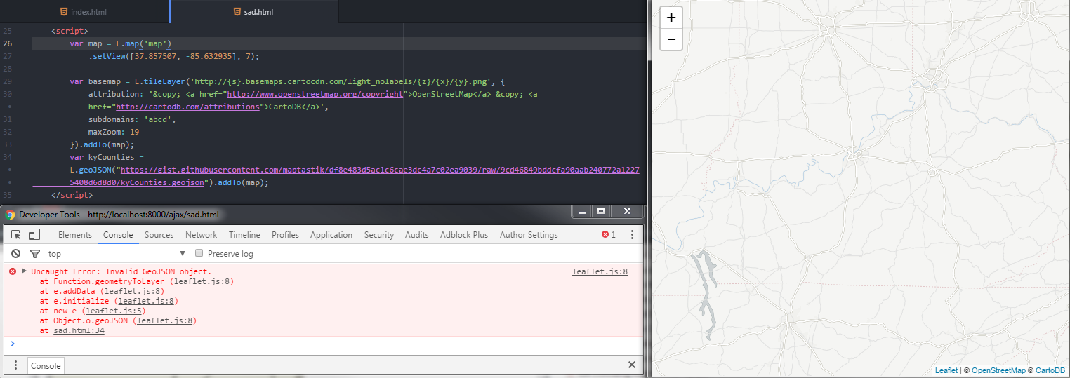 Code and console showing what happens if you try to load GeoJSON from a URL using the L.geoJSON function in Leaflet